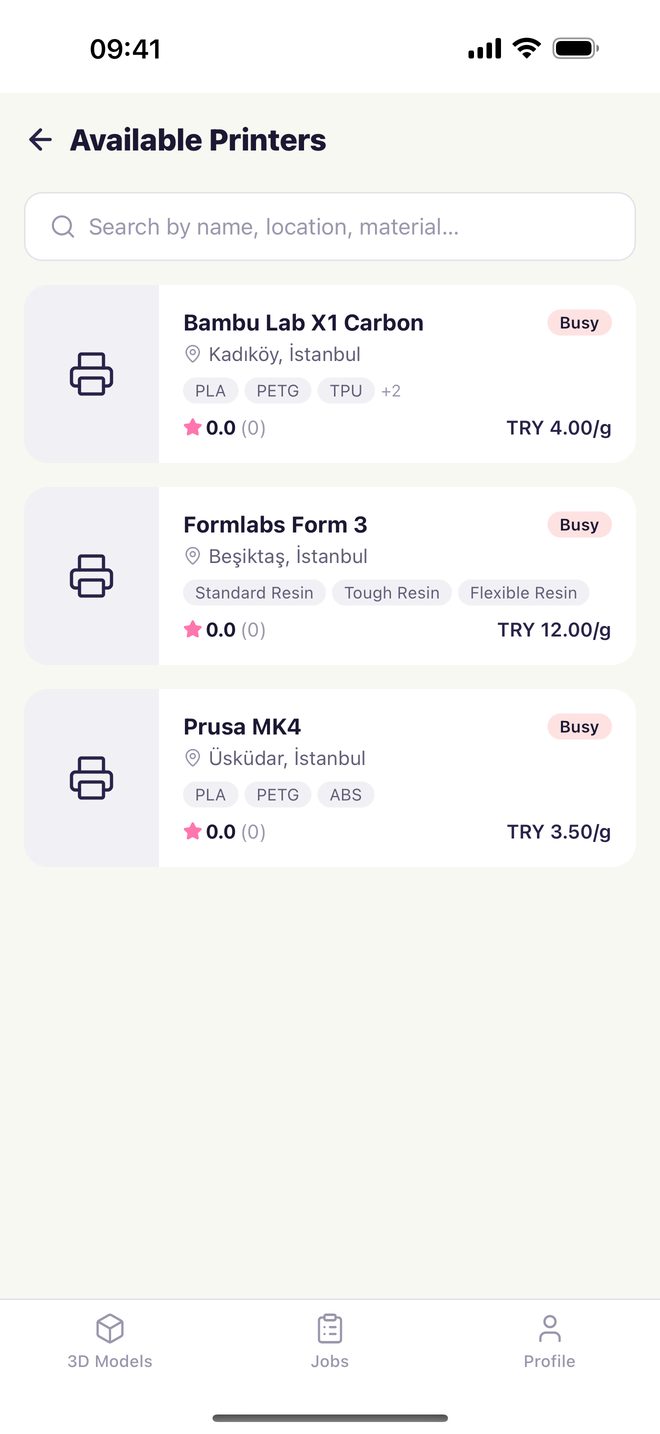 List of available printers in the app